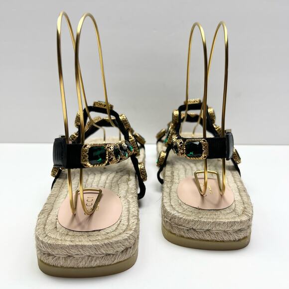 GUCCI Emerald Crystal Embellished Espadrilles Sandals EU 40 US 10 Green Black - Picture 5 of 13